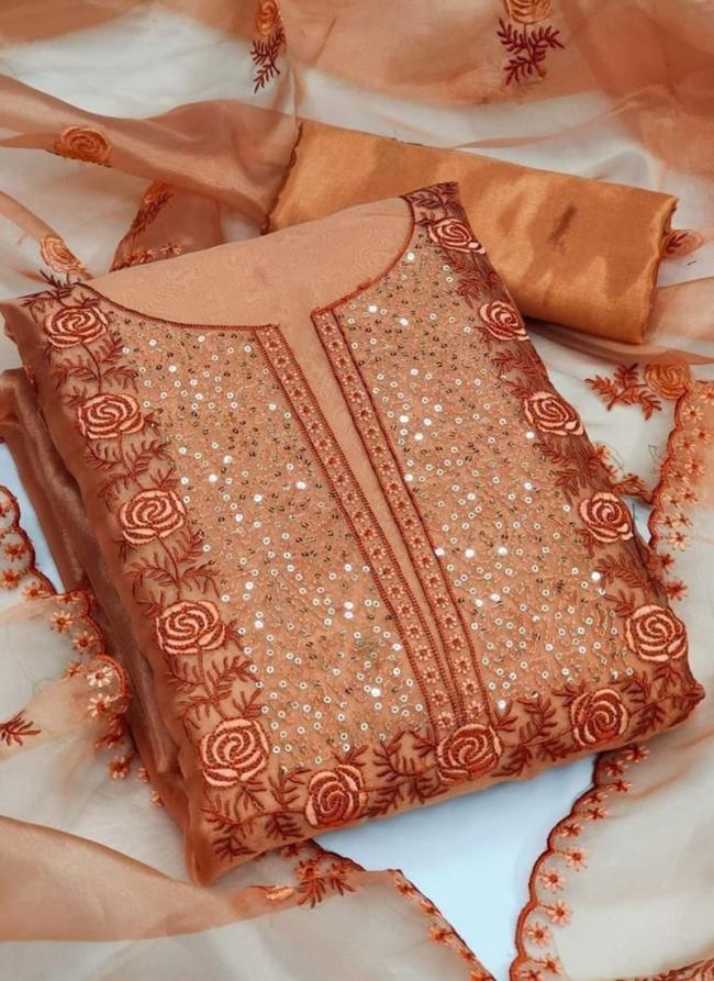 Organza Orange Festival Wear Embroidery Work Dress Material